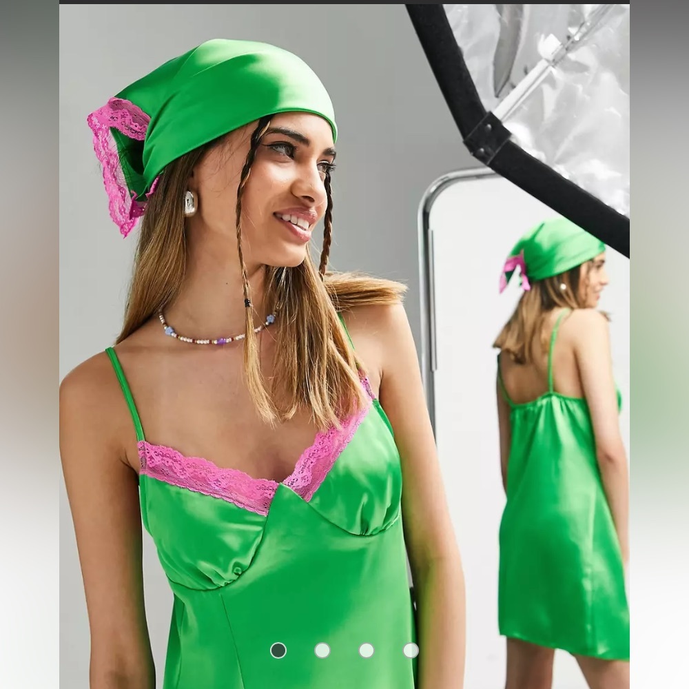 ASOS Y2K COLLUSION satin slip dress & headscarf with lace trim in green
